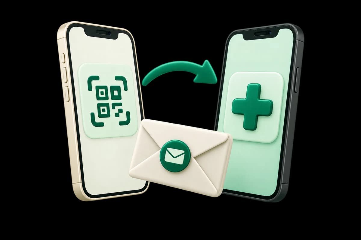 Two phones and an envelope showing QR installation from another screen