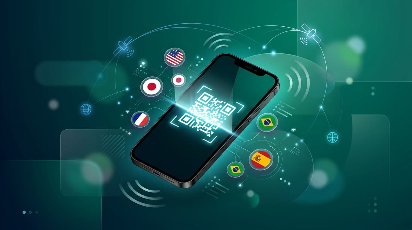 Smartphone displaying eSIM QR code surrounded by country flags — instant travel eSIM activation